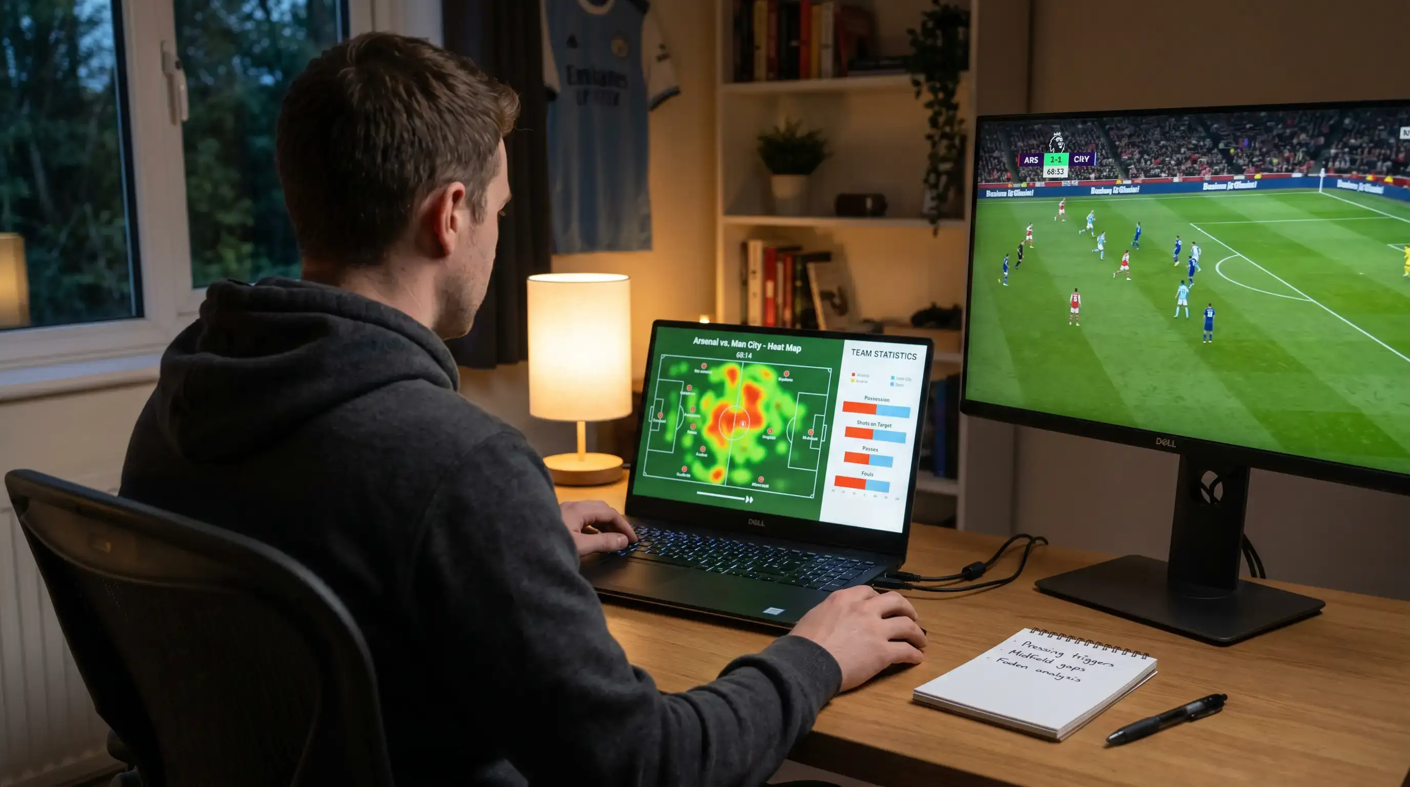 Fodbold kampanalyse med xG-data og taktisk gennemgang på bærbar computer